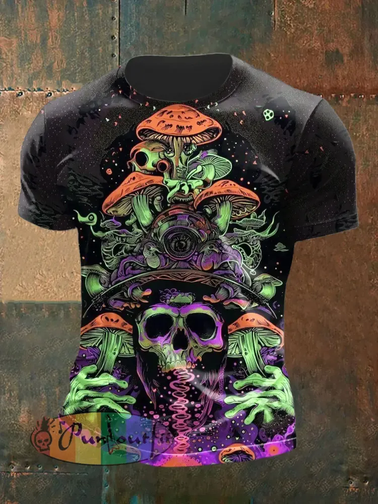 Men’s Retro Psychedelic Punk Mushroom Skull Printed Vintage Fashion Loose Short Sleeve T-Shirt