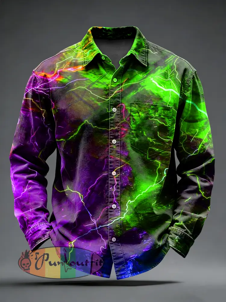 Men’s Retro Psychedelic Punk Printed Long Sleeved Pocket Shirt