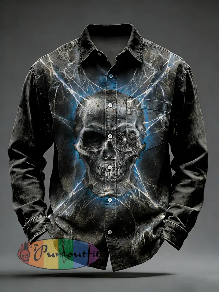 Men’s Retro Punk Skull Printed Long Sleeved Pocket Shirt