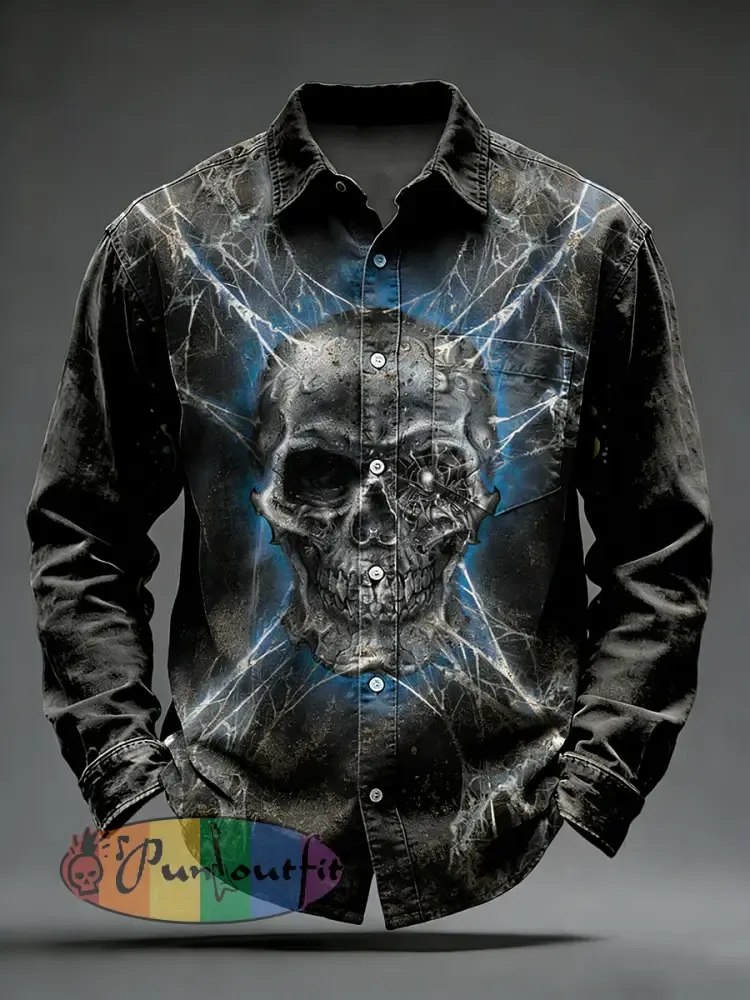 Men’s Retro Punk Skull Printed Long Sleeved Pocket Shirt