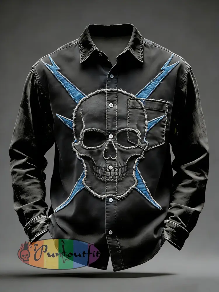 Men’s Retro Punk Skull Printed Long Sleeved Pocket Shirt
