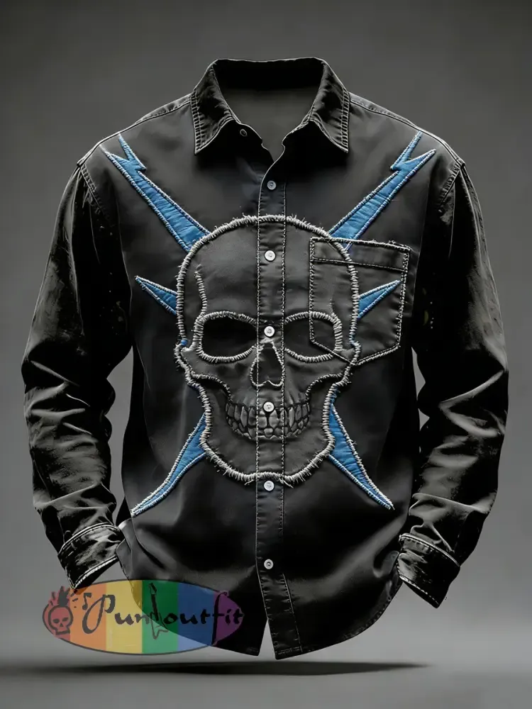 Men’s Retro Punk Skull Printed Long Sleeved Pocket Shirt
