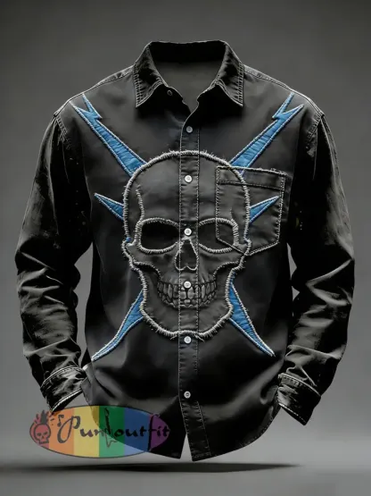 Men’s Retro Punk Skull Printed Long Sleeved Pocket Shirt