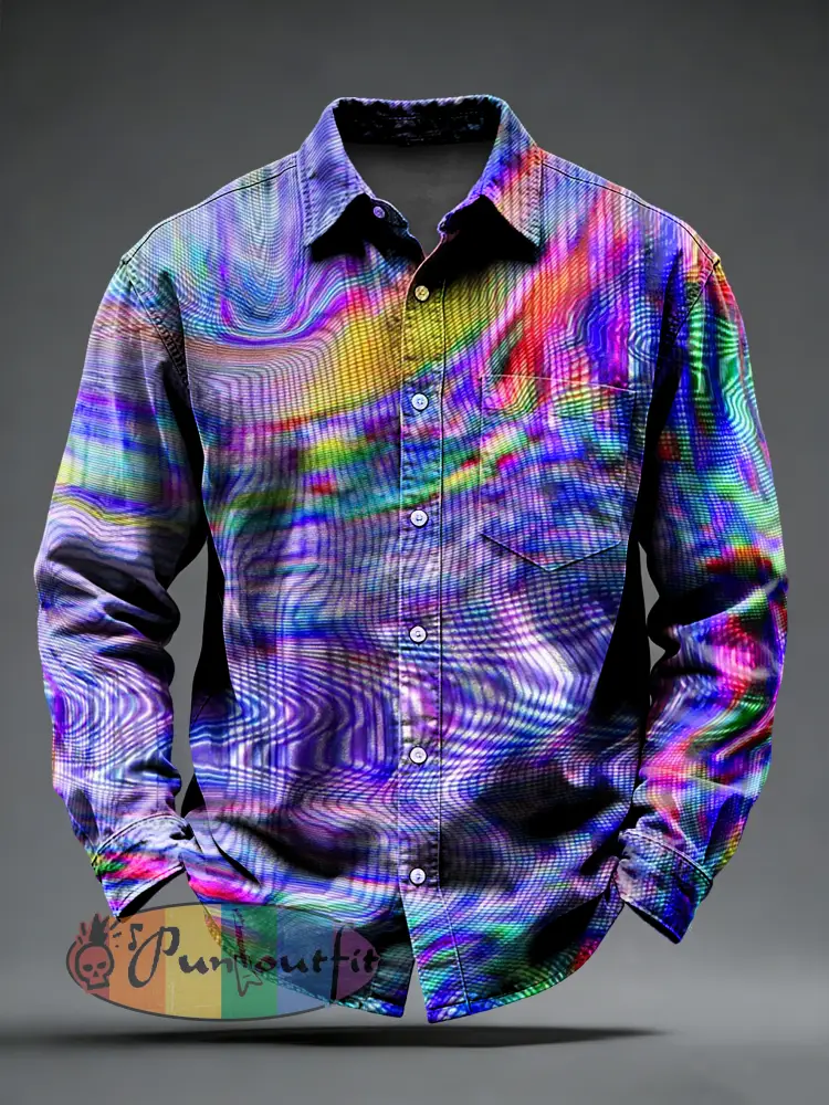 Men’s Retro Psychedelic Punk Printed Long Sleeved Pocket Shirt