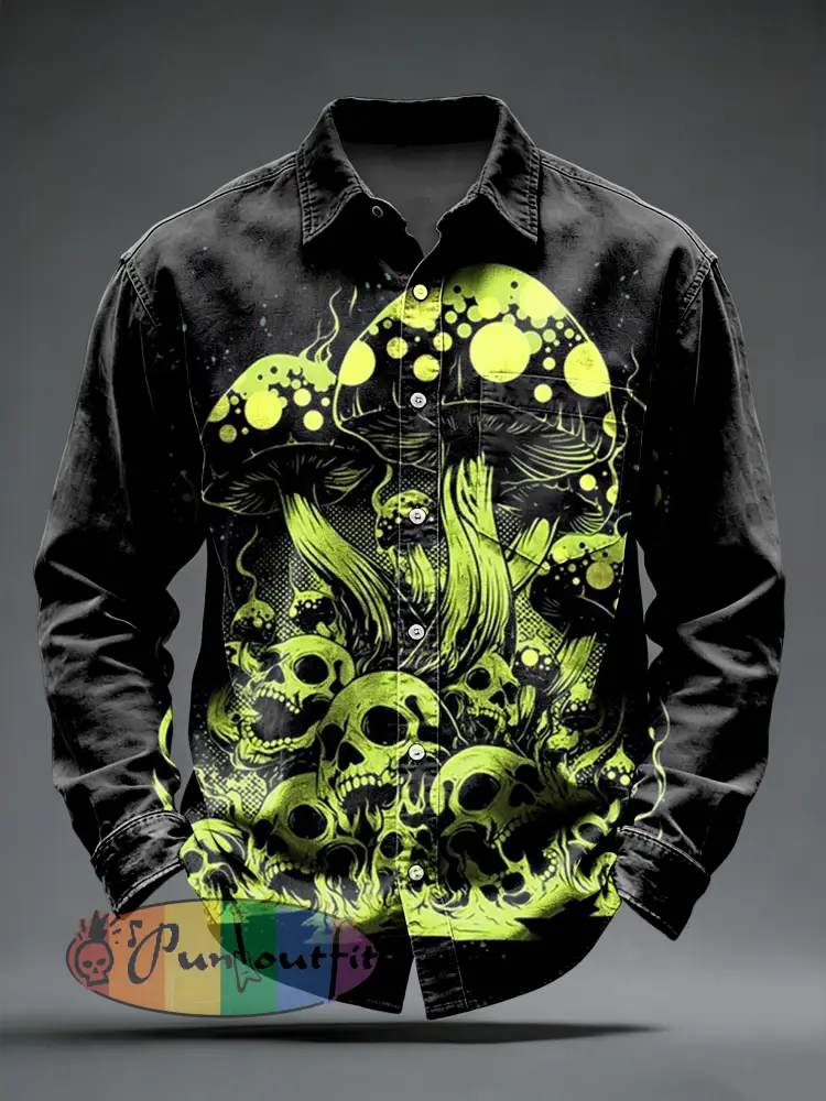 Men’s Retro Psychedelic Mushroom Skull Printed Long Sleeved Pocket Shirt