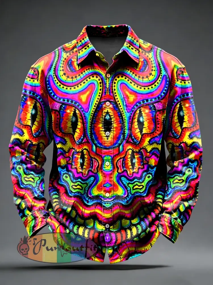 Men’s Retro Psychedelic Punk Printed Long Sleeved Pocket Shirt