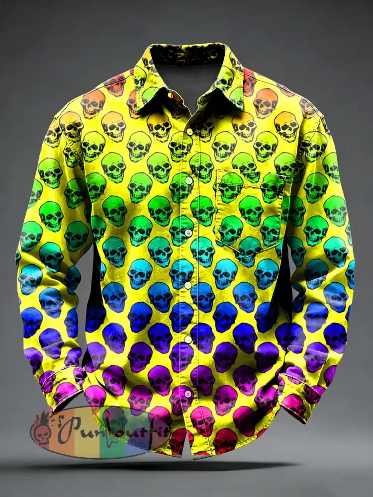 Men’s Retro Psychedelic Punk Skull Printed Long Sleeved Pocket Shirt