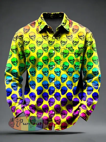 Men’s Retro Psychedelic Punk Skull Printed Long Sleeved Pocket Shirt