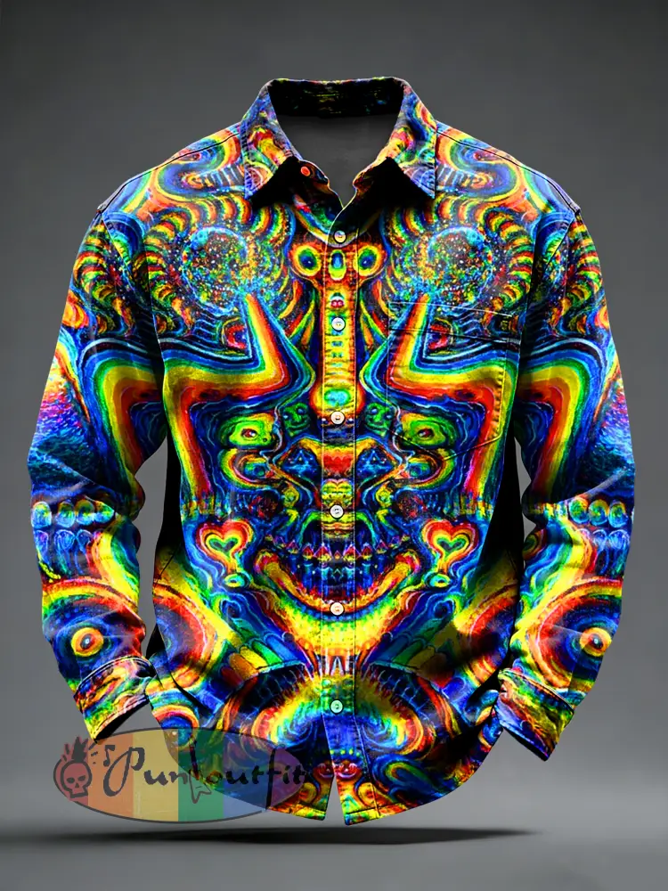 Men’s Retro Psychedelic Punk Printed Long Sleeved Pocket Shirt