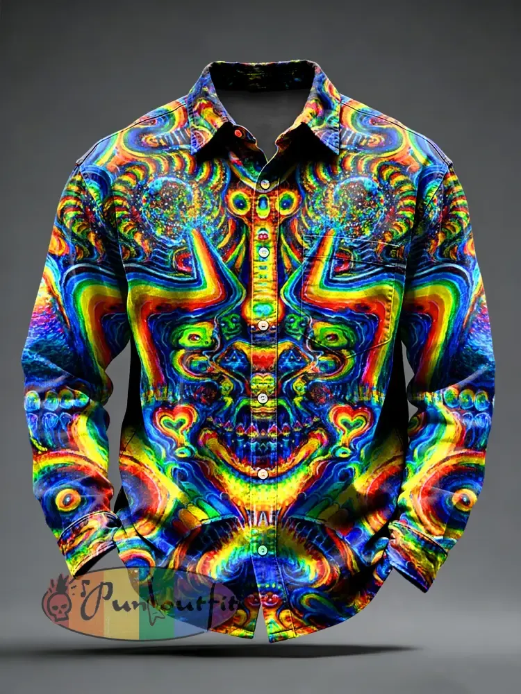 Men’s Retro Psychedelic Punk Printed Long Sleeved Pocket Shirt