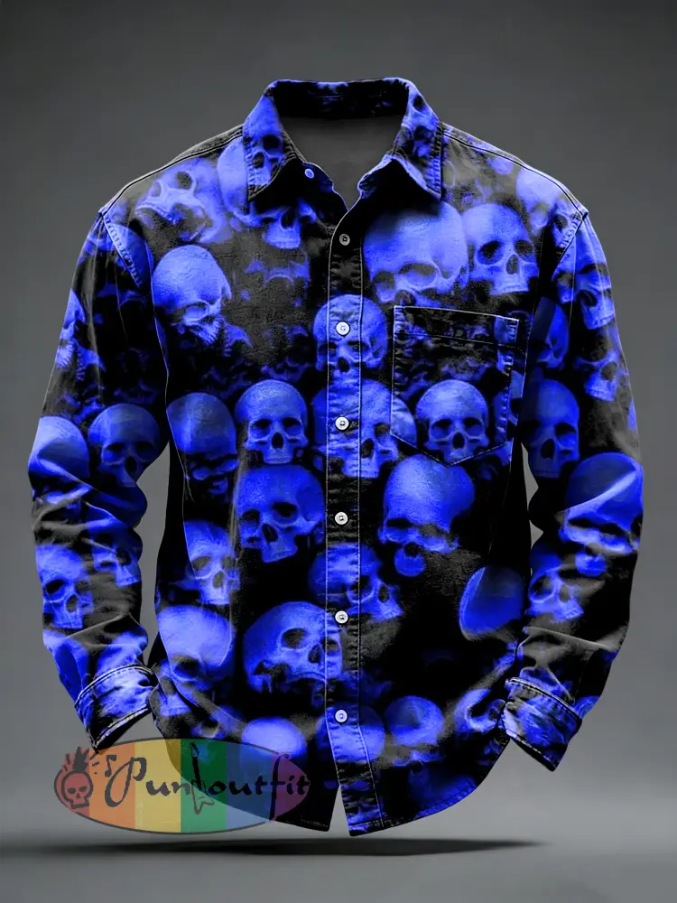 Men’s Retro Psychedelic Punk Skull Printed Long Sleeved Pocket Shirt