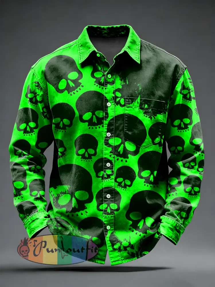 Men’s Retro Psychedelic Punk Skull Printed Long Sleeved Pocket Shirt