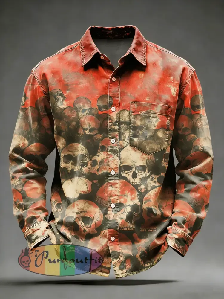 Men’s Retro Skull Printed Long Sleeved Pocket Shirt