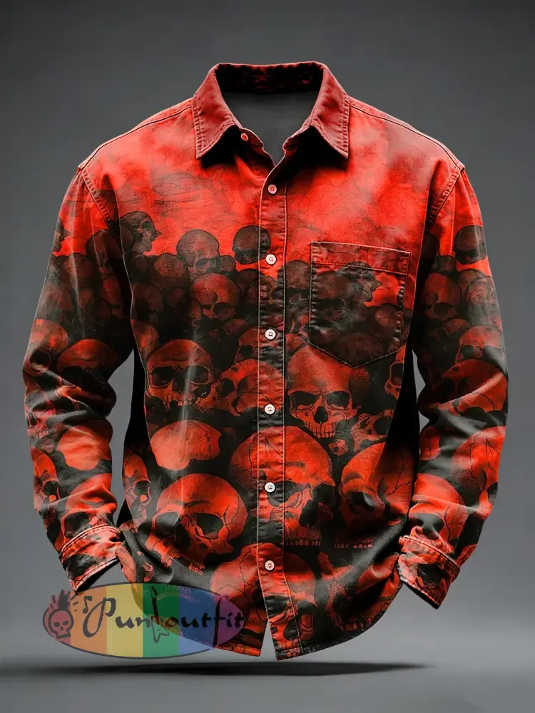 Men’s Retro Skull Printed Long Sleeved Pocket Shirt