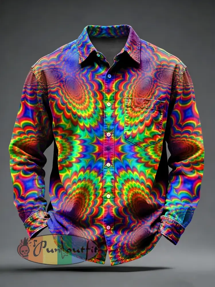 Men’s Retro Psychedelic Punk Printed Long Sleeved Pocket Shirt