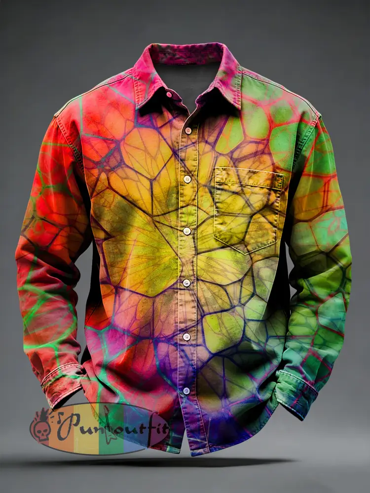 Men’s Retro Psychedelic Punk Printed Long Sleeved Pocket Shirt