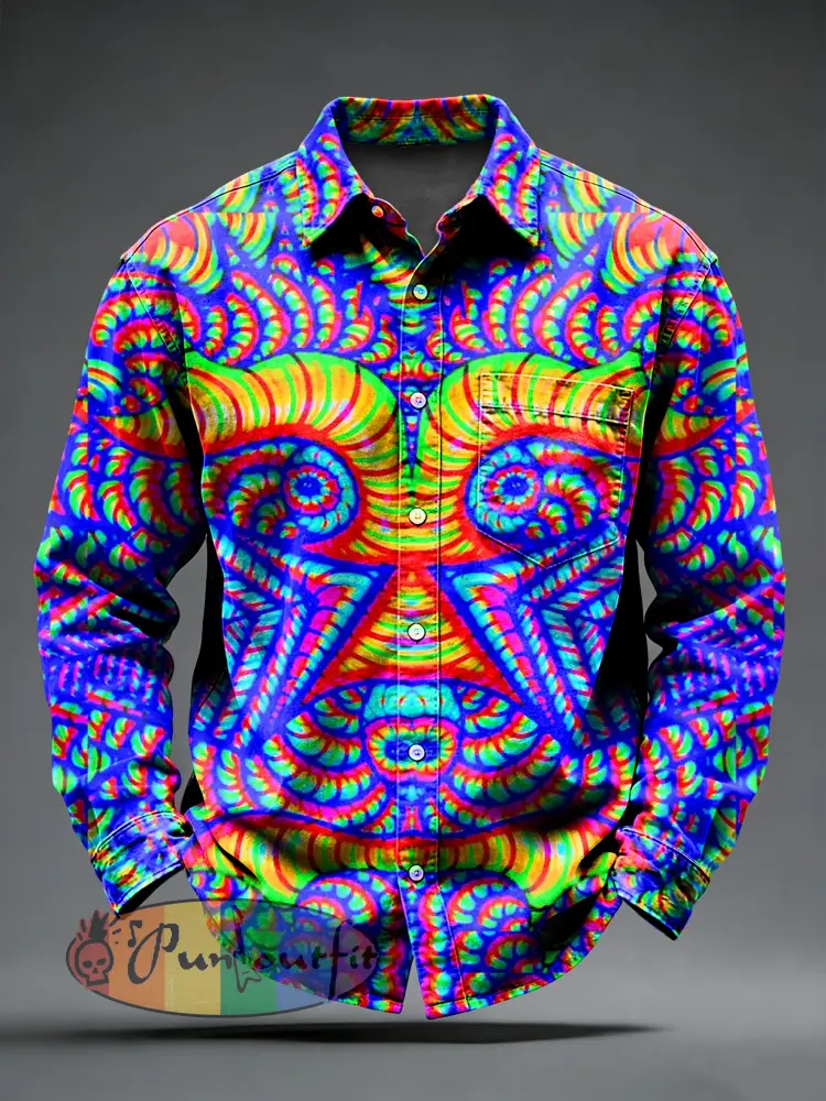 Men’s Retro Psychedelic Punk Printed Long Sleeved Pocket Shirt
