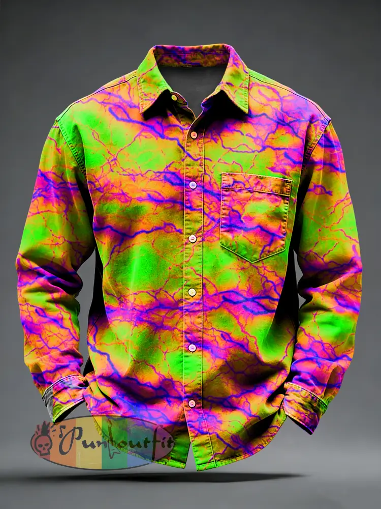 Men’s Retro Psychedelic Punk Printed Long Sleeved Pocket Shirt