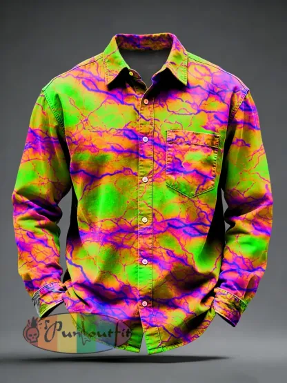 Men’s Retro Psychedelic Punk Printed Long Sleeved Pocket Shirt