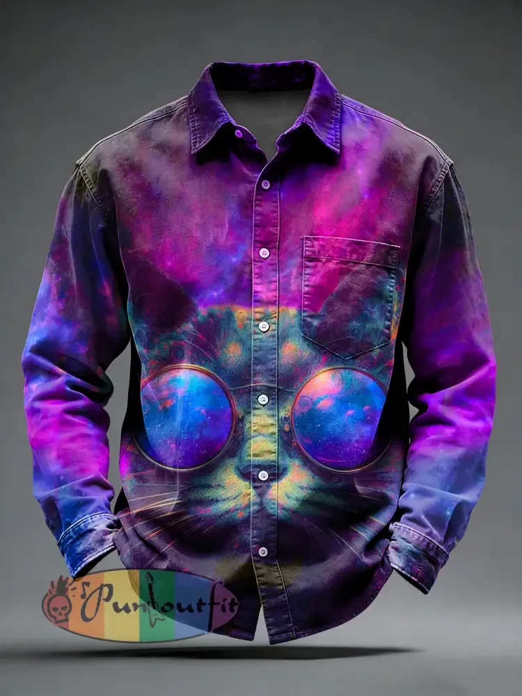 Men’s Retro Psychedelic Punk Cat Printed Long Sleeved Pocket Shirt