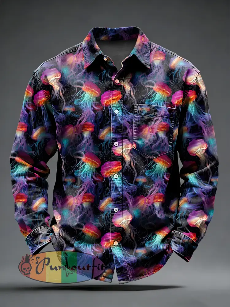 Men’s Retro Psychedelic Punk Jellyfish Printed Long Sleeved Pocket Shirt