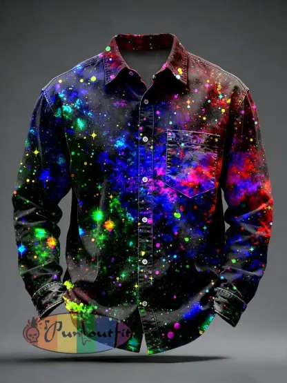 Men’s Retro Psychedelic Punk Printed Long Sleeved Pocket Shirt