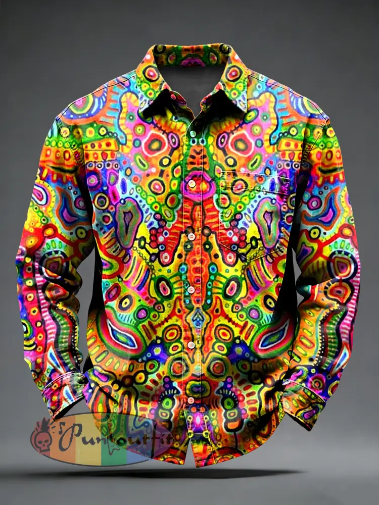 Men’s Retro Psychedelic Punk Printed Long Sleeved Pocket Shirt