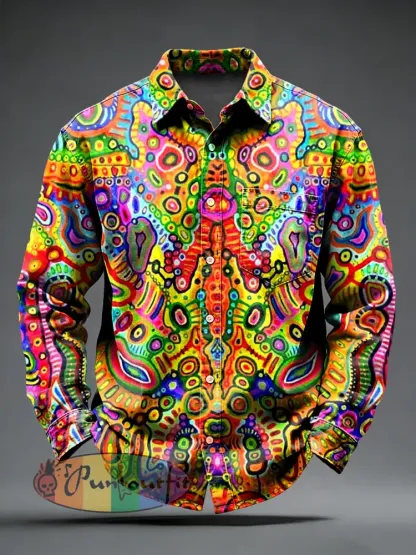 Men’s Retro Psychedelic Punk Printed Long Sleeved Pocket Shirt