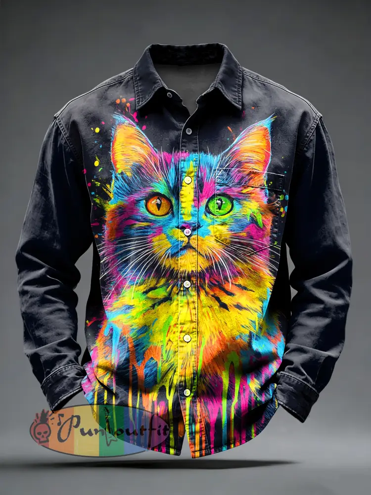 Men’s Retro Psychedelic Punk Cat Printed Long Sleeved Pocket Shirt