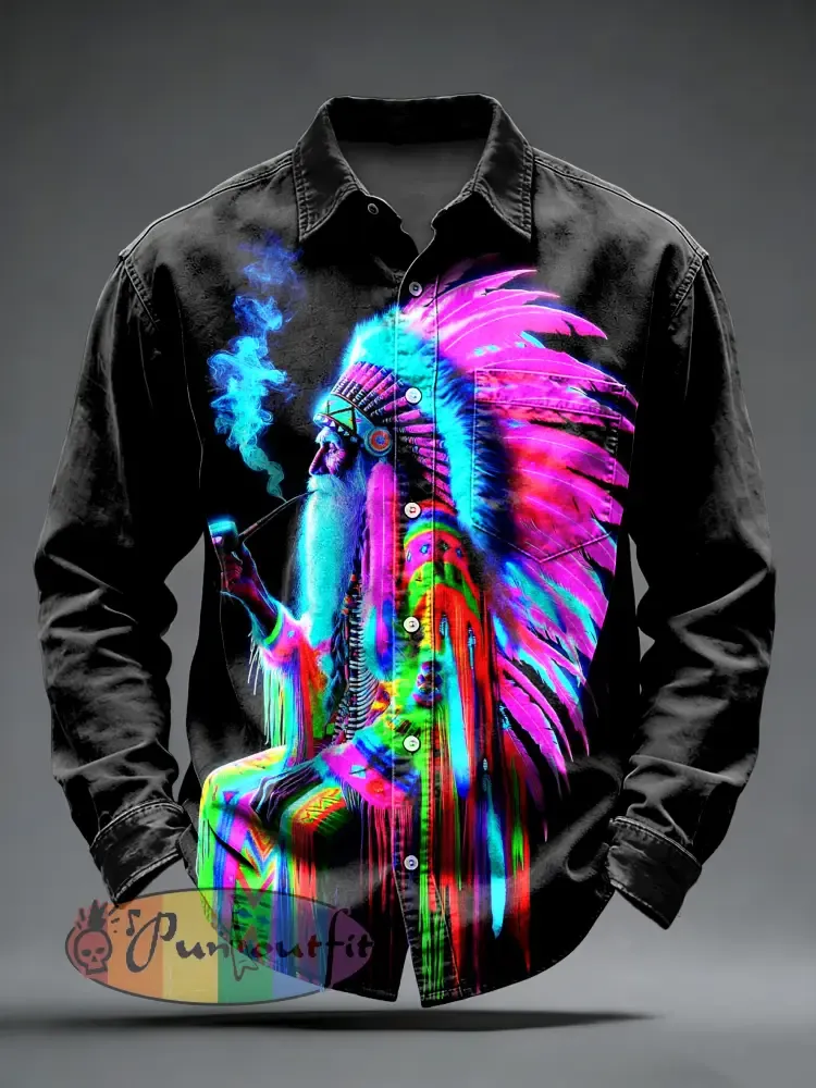 Men’s Retro Psychedelic Punk Printed Long Sleeved Pocket Shirt