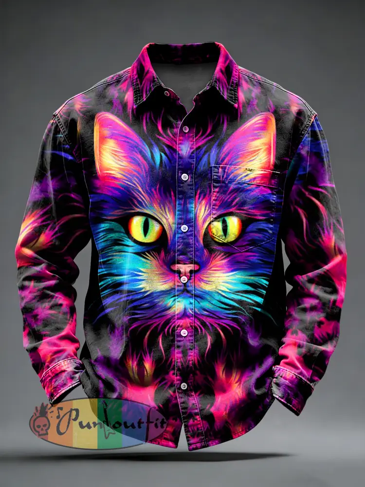 Men’s Retro Psychedelic Punk Cat Printed Long Sleeved Pocket Shirt
