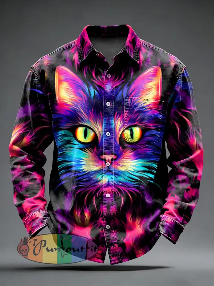 Men’s Retro Psychedelic Punk Cat Printed Long Sleeved Pocket Shirt