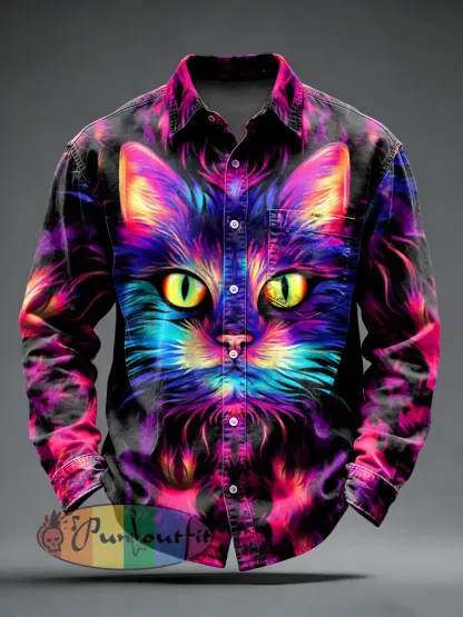 Men’s Retro Psychedelic Punk Cat Printed Long Sleeved Pocket Shirt
