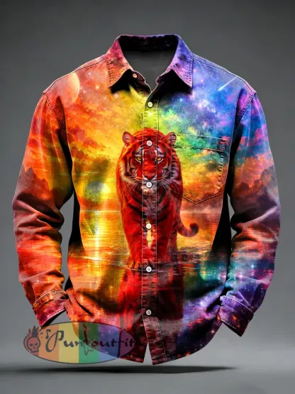 Men’s Retro Punk Tiger Printed Long Sleeved Pocket Shirt