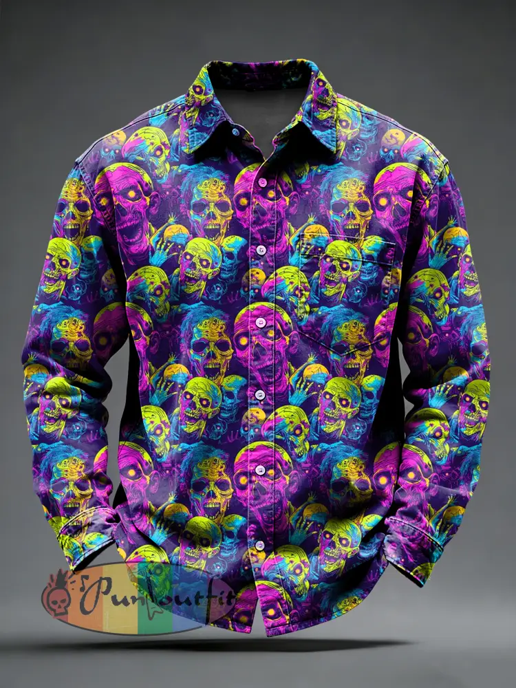 Men’s Retro Psychedelic Punk Skull Printed Long Sleeved Pocket Shirt