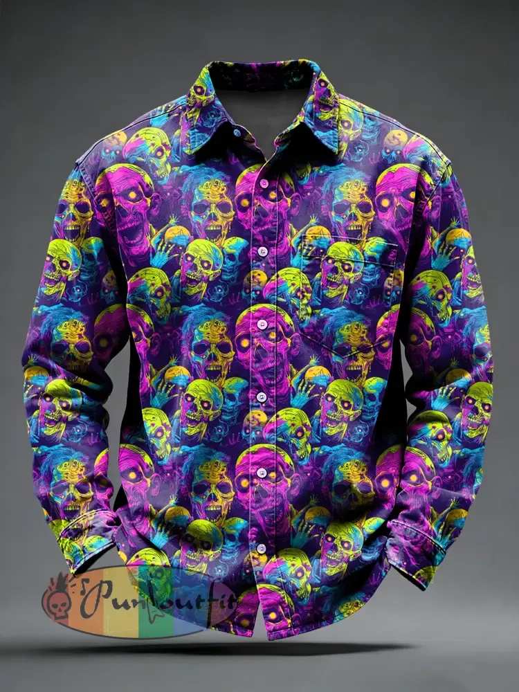 Men’s Retro Psychedelic Punk Skull Printed Long Sleeved Pocket Shirt