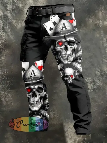 Men’s Retro Vacation Business Gothic Skull Art Print Casual Workwear Trousers