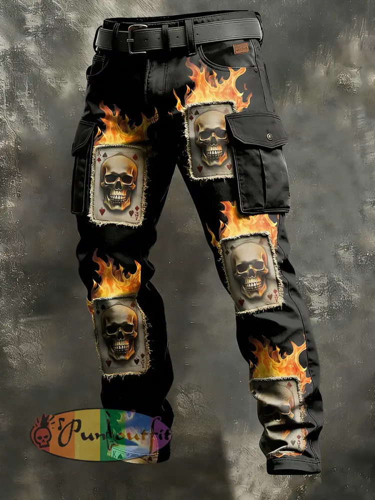 Men’s Retro Vacation Business Gothic Skull Art Print Casual Workwear Trousers