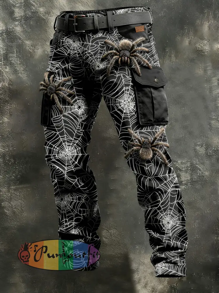 Men’s Retro Vacation Business Spider Art Print Casual Workwear Trousers