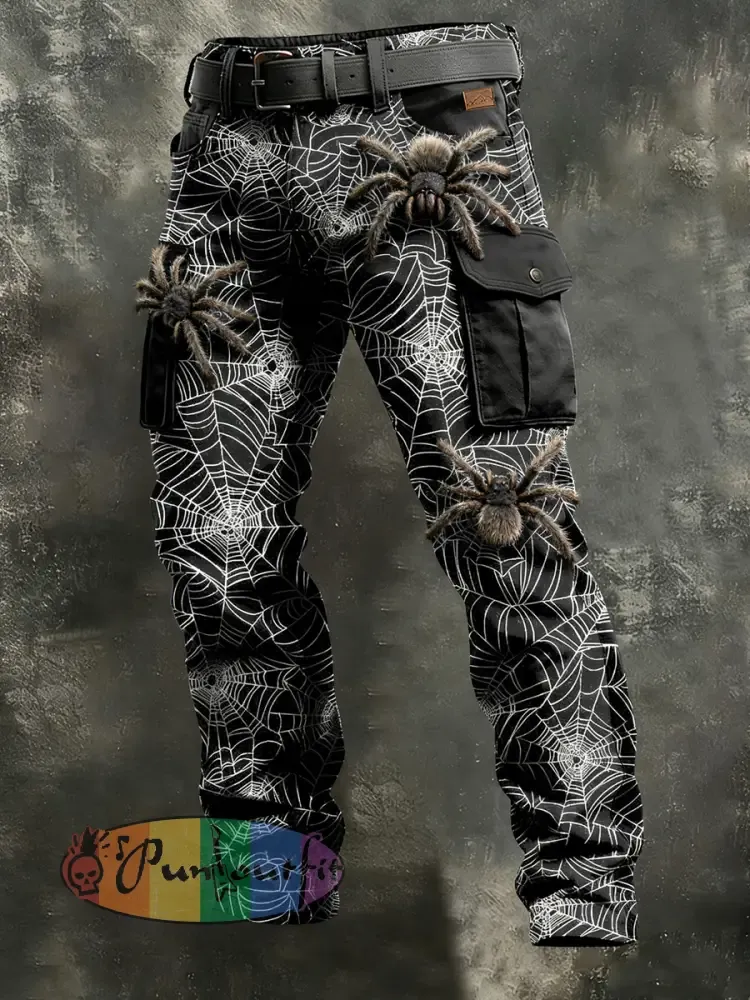 Men’s Retro Vacation Business Spider Art Print Casual Workwear Trousers