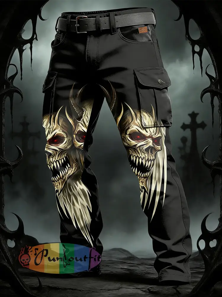 Men’s Retro Vacation Business Gothic Skull Art Print Casual Workwear Trousers
