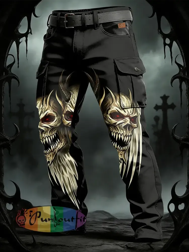 Men’s Retro Vacation Business Gothic Skull Art Print Casual Workwear Trousers