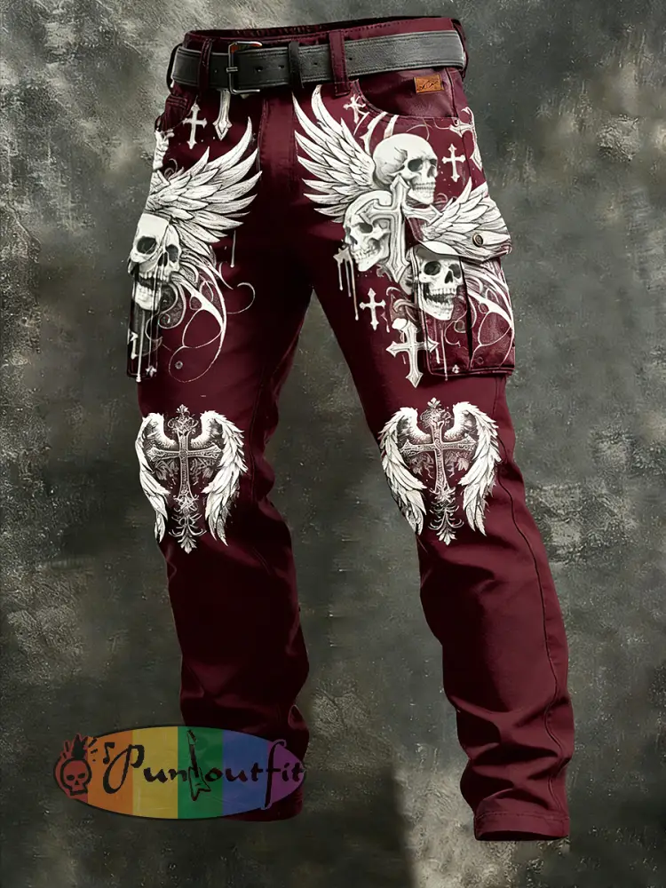 Men’s Retro Vacation Business Gothic Skull Art Print Casual Workwear Trousers