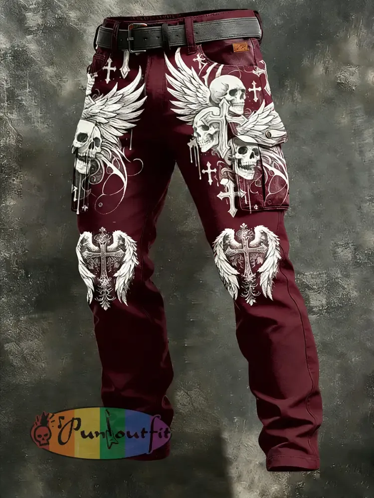Men’s Retro Vacation Business Gothic Skull Art Print Casual Workwear Trousers