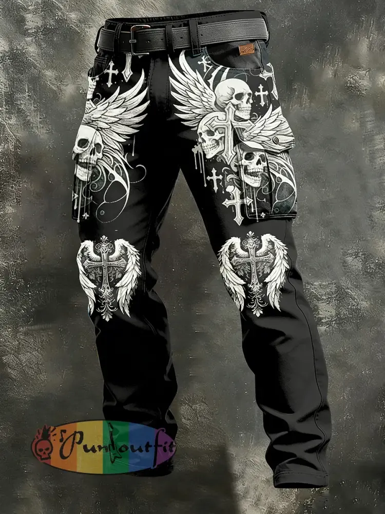 Men’s Retro Vacation Business Gothic Skull Art Print Casual Workwear Trousers