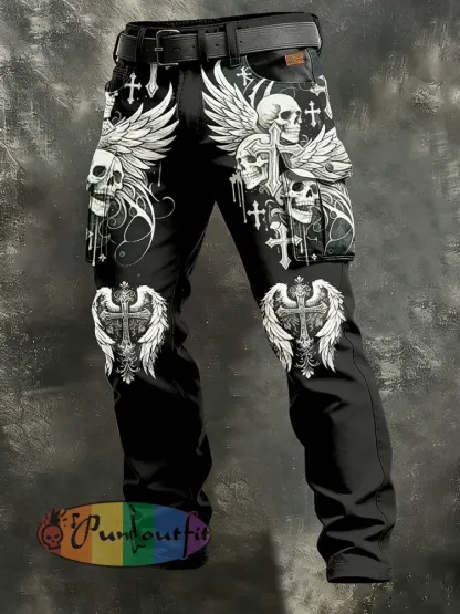 Men’s Retro Vacation Business Gothic Skull Art Print Casual Workwear Trousers
