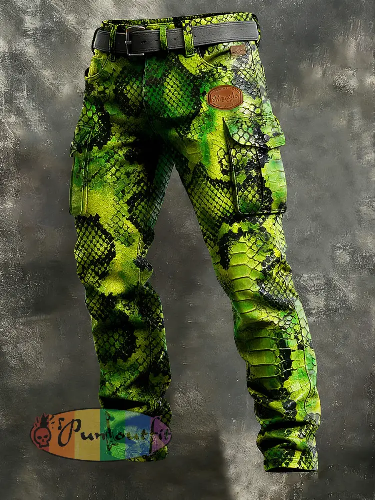 Men’s Retro Vacation Business Crocodile Leather Art Print Casual Workwear Trousers