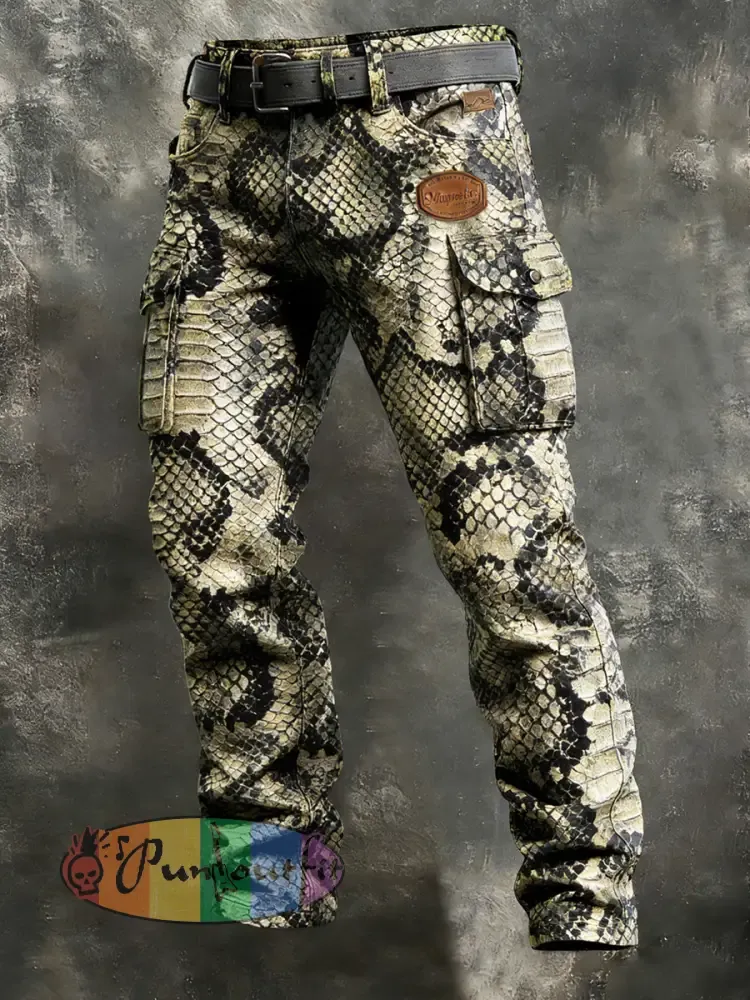 Men’s Retro Vacation Business Crocodile Leather Art Print Casual Workwear Trousers