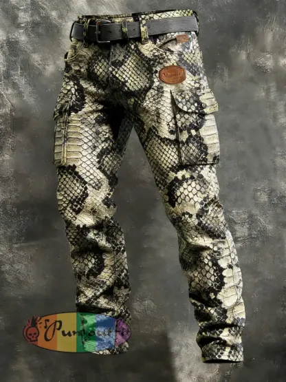 Men’s Retro Vacation Business Crocodile Leather Art Print Casual Workwear Trousers