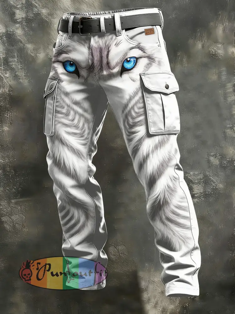 Men’s Retro Vacation Business Wolf Art Print Casual Workwear Trousers